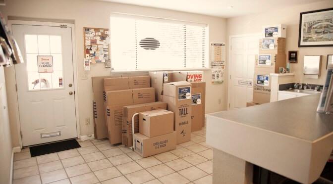 View inside facility office with various moving box sizes