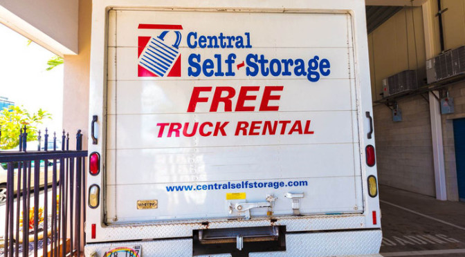 Central Self Storage rental truck with a promotion for free truck rental