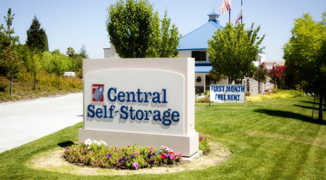 Outdoor signage for a Central Self Storage facility with nice landscaping