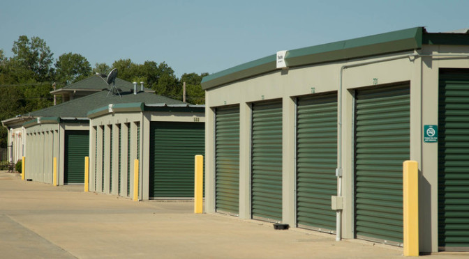 Three rows of outdoor, drive-up access storage units at Central Self Storage in Kansas City, MO.