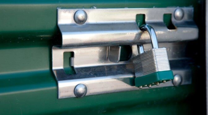 Close-up of a lock on a storage unit.